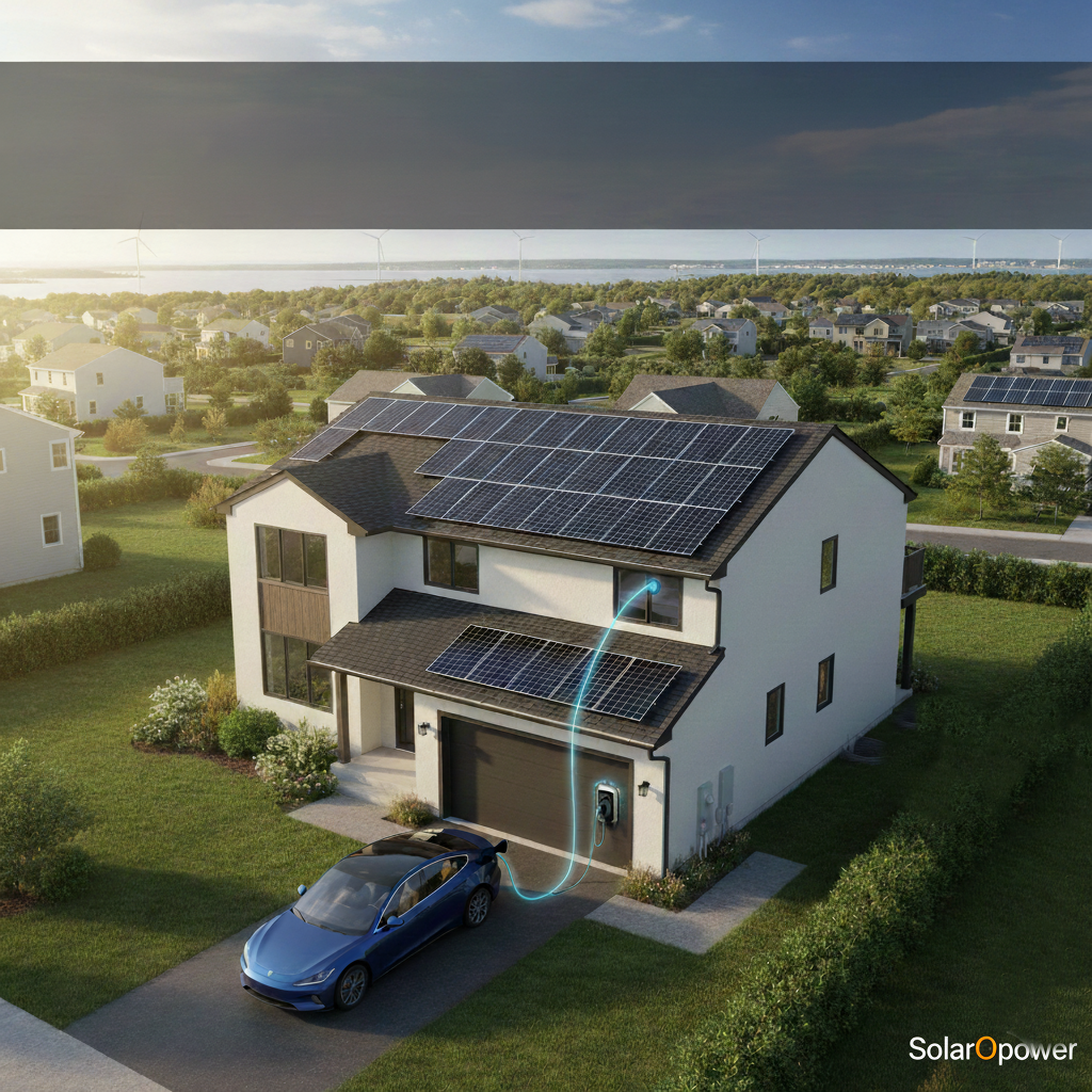 Solar powered EV charging system with rooftop solar panels charging an electric vehicle at a modern Long Island home