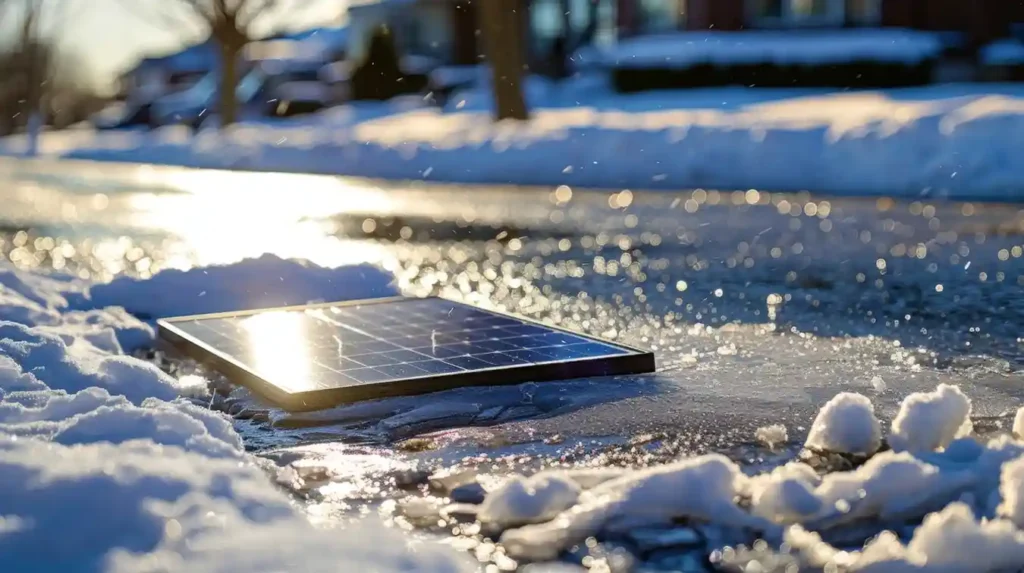 Solar Panels Work in Winter? A solar panel absorbs low winter sunlight as snow melts around it.