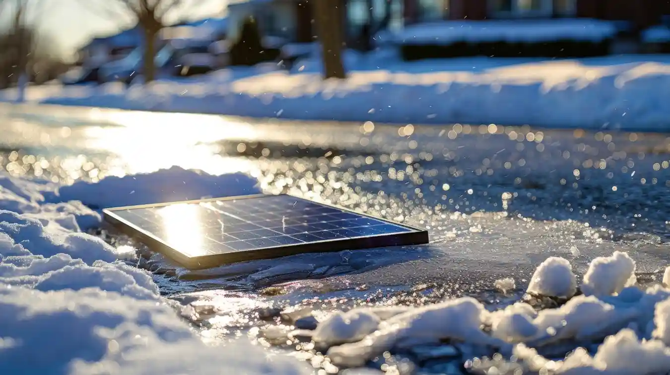 Solar Panels Work in Winter? A solar panel absorbs low winter sunlight as snow melts around it.